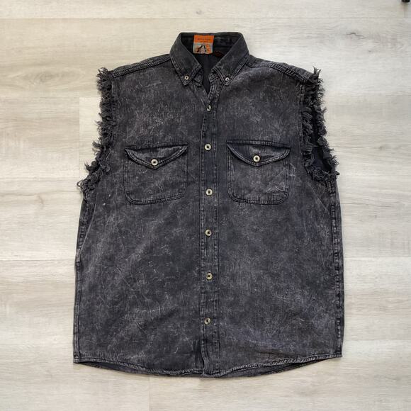 Vance Biker Wear Mens Button Up Pure Cotton Black Denim Sleevless Shirt Large - Picture 1 of 7